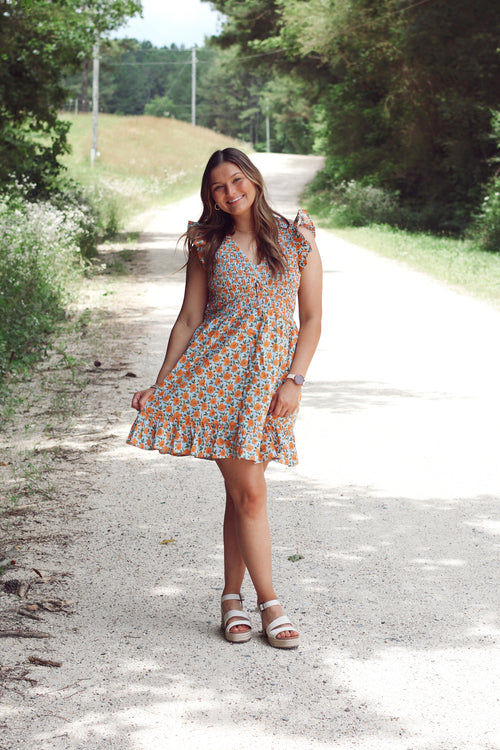 Floral Ruffle Sleeve Mini Dress